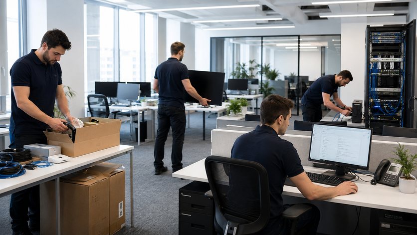 IT-Techniker richten Arbeitsplätze, Hardware und Netzwerk in einem Büro ein – Symbolbild